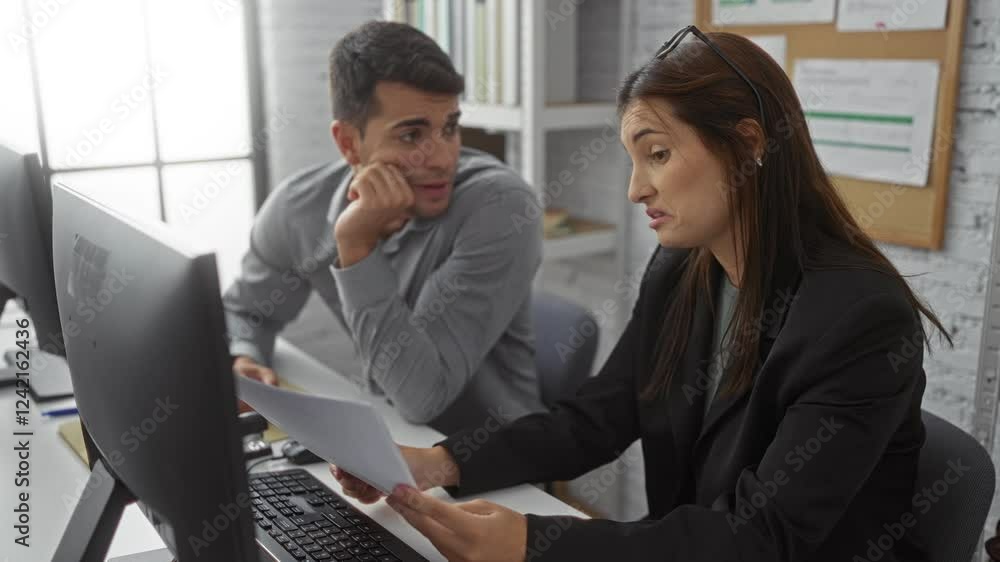 Man and woman working together at home office indoors, reviewing documents on computer in apartment living room Man and woman working together at home office indoors, reviewing documents on computer in apartment living room