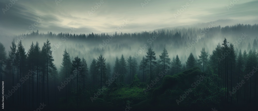 Fototapeta premium Panoramic view of foggy forest in the mountains at sunrise