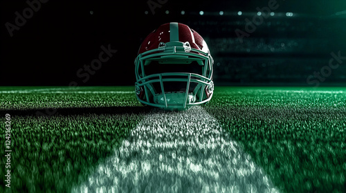 Football helmet on field with dramatic lighting captures the essence of the game in a stadium atmosphere