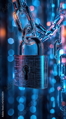 Cybersecurity: Digital Fortress, Padlock and Chain, Neon Lights photo