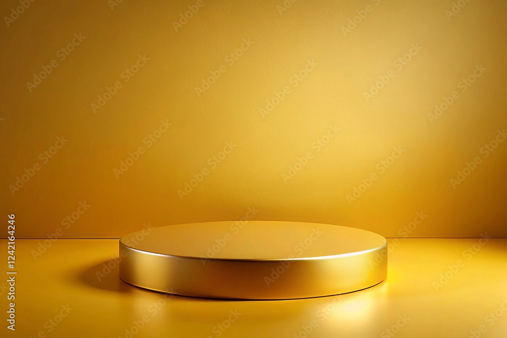 Golden podium, yellow background, studio lighting, product display Golden podium, yellow background, studio lighting, product display