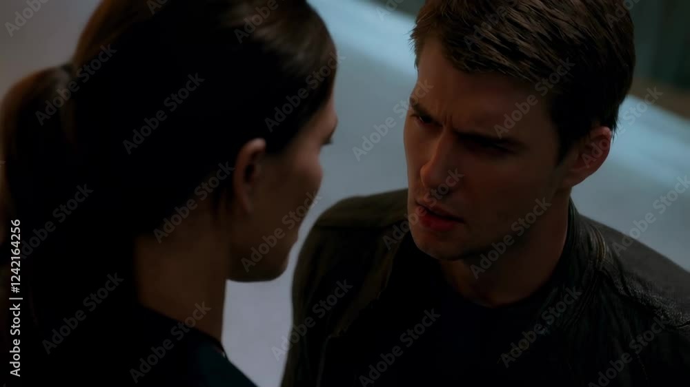 Intense Conversation Between Two Individuals in a Dimly Lit Space, Conveying Tension and Emotion Intense Conversation Between Two Individuals in a Dimly Lit Space, Conveying Tension and Emotion