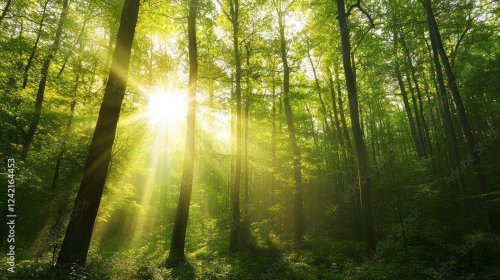 Fototapeta premium Beautiful green forest with tall trees and sunlight filtering through