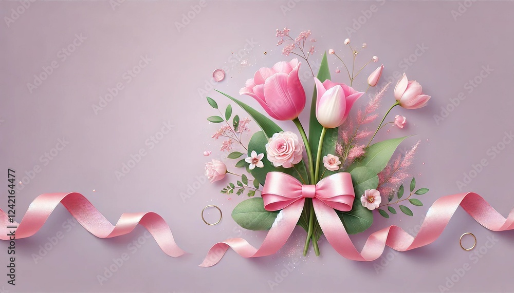 Fototapeta premium Floral arrangement with pink tulips with green leaves for International Women's Day, Mother's Day, a soft pink bow and small decorative elements such as glitter and dried flowers. Design for pennant.