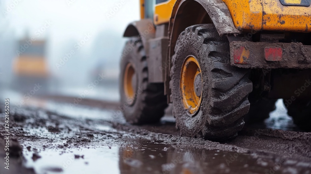 Heavy Machinery Tire on Muddy Construction Site in Foggy Conditions Heavy Machinery Tire on Muddy Construction Site in Foggy Conditions