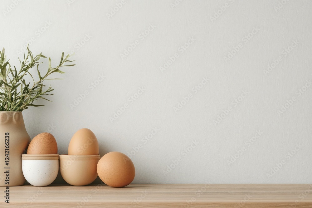 Simple rustic kitchen decor featuring brown eggs and greenery in a minimalist setting, perfect for spring, healthy eating, and farm to table concepts Simple rustic kitchen decor featuring brown eggs and greenery in a minimalist setting, perfect for spring, healthy eating, and farm to table concepts