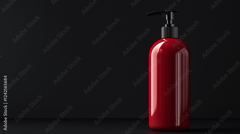 Obraz premium modern dispenser red bottle with a pump , on black background . cream , shampoo , cosmetic , soap , gel
