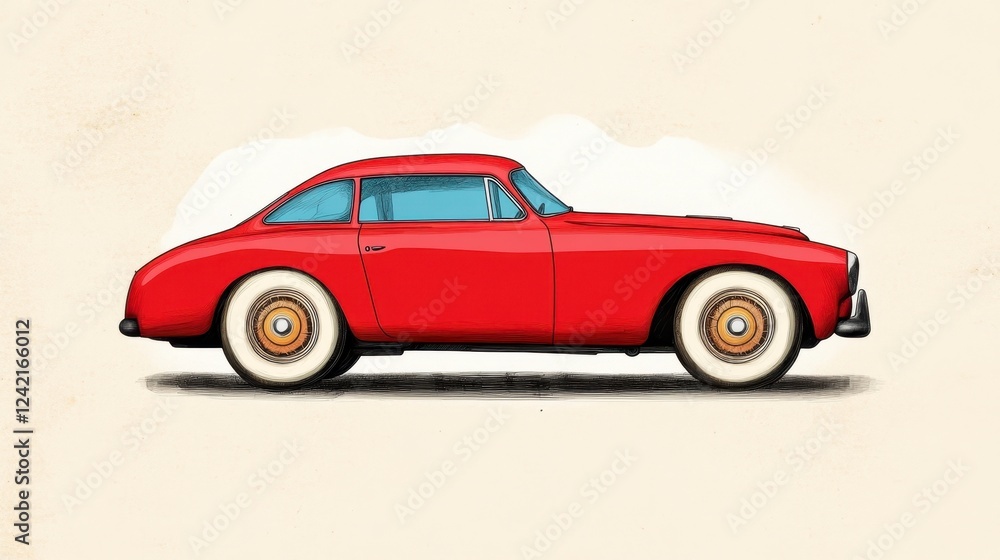 Fototapeta premium Red Vintage Car Side View Illustration with Classic Design Elements