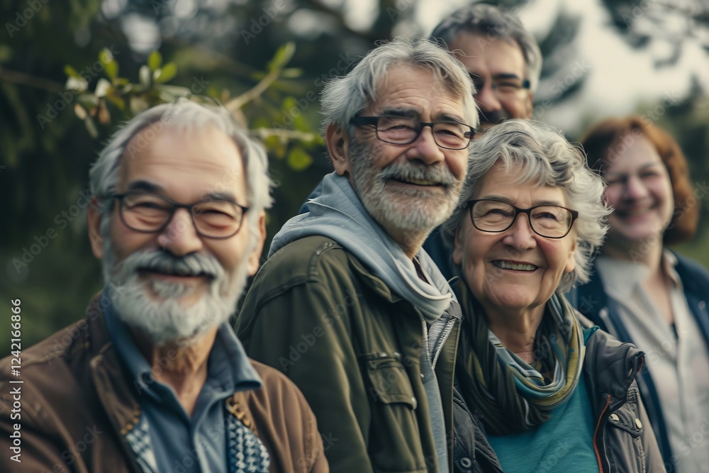 Group of senior friends standing in a row and smiling at the camera Group of senior friends standing in a row and smiling at the camera