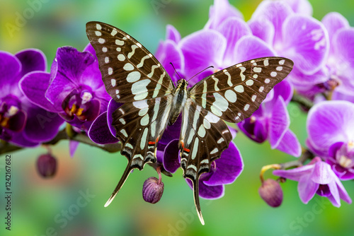 USA, Washington State, Sammamish. Tropical swallowtail butterfly large striped, graphium antheus on flowering purple orchid photo