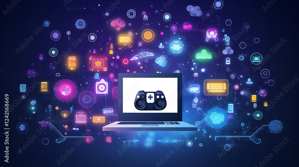 Laptop gaming, digital apps, cloud network, future tech Laptop gaming, digital apps, cloud network, future tech