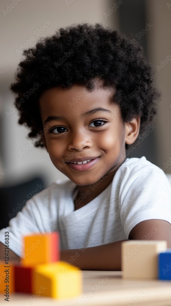Portrait of a Smiling Young Boy Playing with Building Blocks Portrait of a Smiling Young Boy Playing with Building Blocks