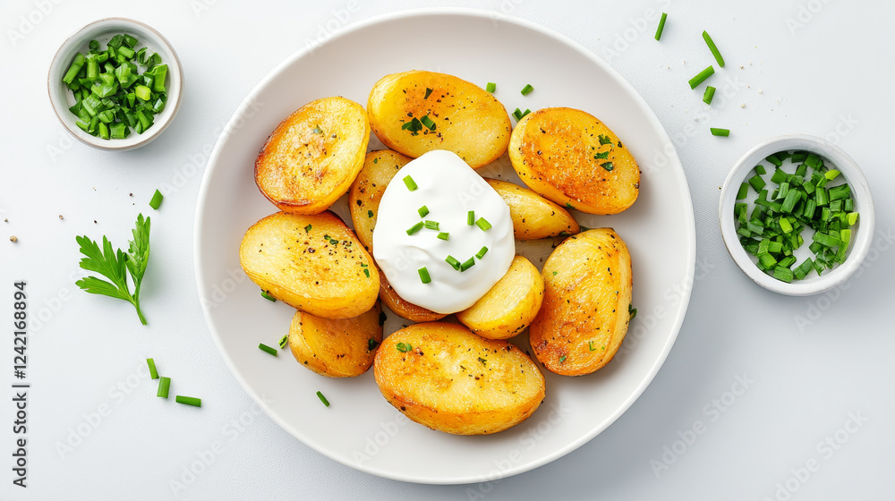 Crispy golden-brown placki ziemniaczane served with sour cream and chives on a white plate in soft natural light from a top-down view Crispy golden-brown placki ziemniaczane served with sour cream and chives on a white plate in soft natural light from a top-down view