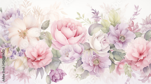 Pastel Floral Background with Watercolor Roses and Greenery
