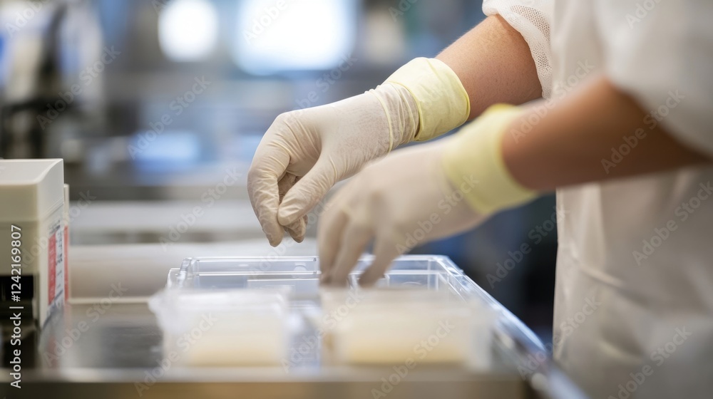 A medium closeup of a surgical team members gloved hands gently placing a biodegradable medical device into a sterile container with the focus on the delicate nature of the device and A medium closeup of a surgical team members gloved hands gently placing a biodegradable medical device into a sterile container with the focus on the delicate nature of the device and