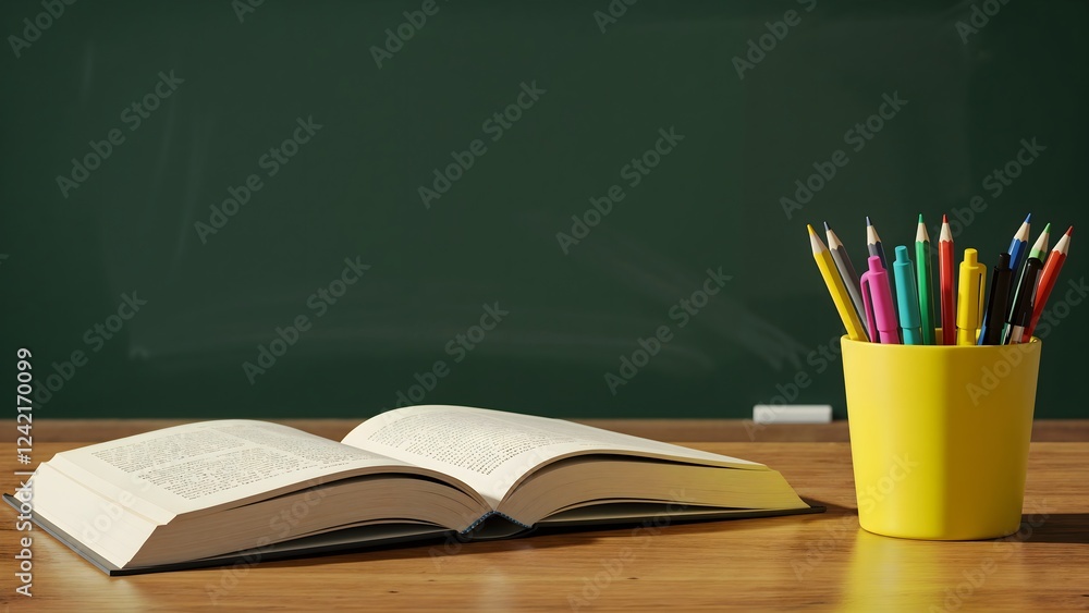 Open book on a classroom desk with a yellow pencil holder filled with vibrant colors, placed in front of a chalkboard background. Open book on a classroom desk with a yellow pencil holder filled with vibrant colors, placed in front of a chalkboard background.