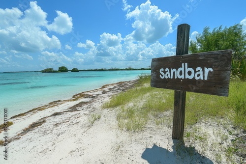 A serene coastal scene featuring a wooden sandbar signpost surrounded by pristine white sand and tranquil turquoise waters under a vibrant blue sky