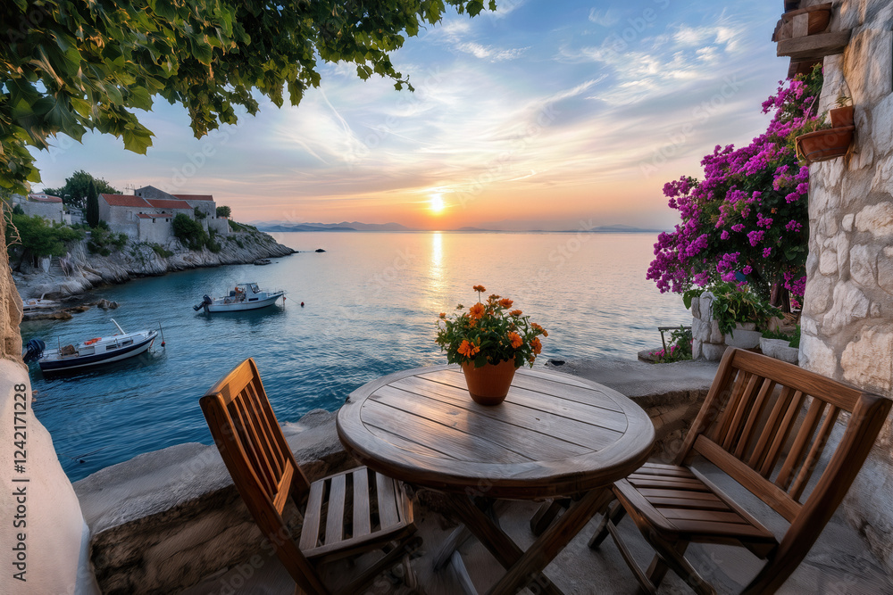 Fototapeta premium Round wooden table with two chairs and potted flowers overlooking a tranquil bay at sunset, with boats moored near a charming coastal village in croatia, creating a serene and idyllic scene