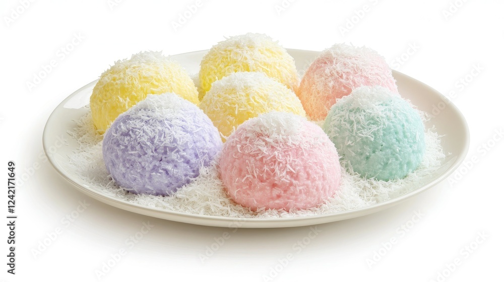Krong-Krang dessert in soft pastel colors, served on a white plate with grated coconut and sugar, isolated against a clean white background. Krong-Krang dessert in soft pastel colors, served on a white plate with grated coconut and sugar, isolated against a clean white background.