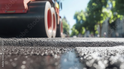 Road Construction Equipment Compacting Fresh Asphalt on Street photo