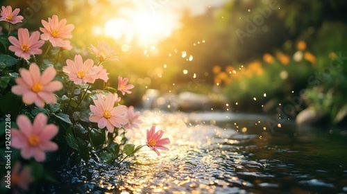 Beautiful Pink Flowers Blooming by a Tranquil Stream with Sunlight and Droplets Creating a Mesmerizing and Serene Natural Landscape Vibe