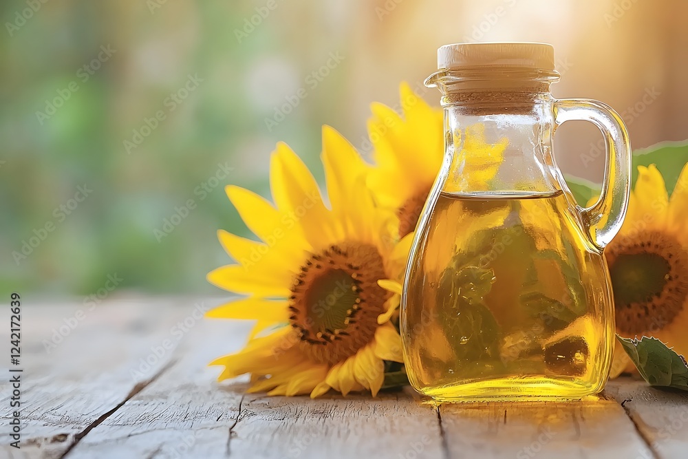 Golden Sunflower Oil in Glass Bottle with Blooming Sunflowers on Rustic Wooden Table Golden Sunflower Oil in Glass Bottle with Blooming Sunflowers on Rustic Wooden Table