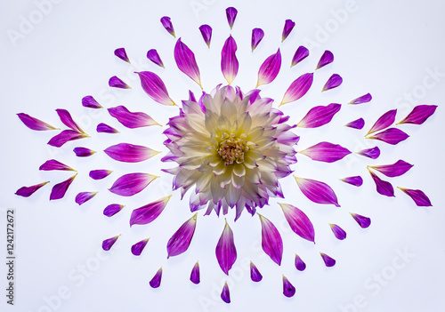 USA, Washington State, Sammamish. Dahlia and petals in circular design on a light table