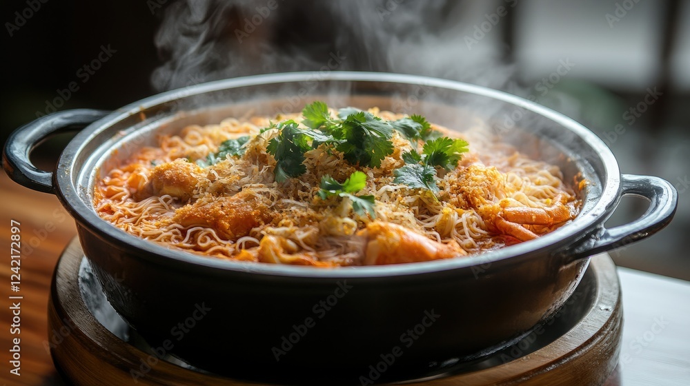 Prawns and crab steamed with vermicelli in a traditional hot pot, garnished with fried garlic and cilantro, steaming hot and ready to enjoy. Prawns and crab steamed with vermicelli in a traditional hot pot, garnished with fried garlic and cilantro, steaming hot and ready to enjoy.