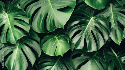 Wallpaper Mural Overlapping Monstera Deliciosa leaves with rich green tones, creating a tropical forest-inspired botanical pattern for a calming nature backdrop. Torontodigital.ca