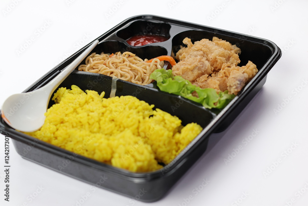 Nasi kuning or yellow rice in a bento box isolated on white background. Yellow Rice is an Indonesian fragrant rice dish cooked with coconut milk and turmeric. Nasi kuning or yellow rice in a bento box isolated on white background. Yellow Rice is an Indonesian fragrant rice dish cooked with coconut milk and turmeric.