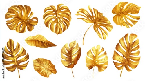 Set of golden tropical monstera leaves isolated on white background photo