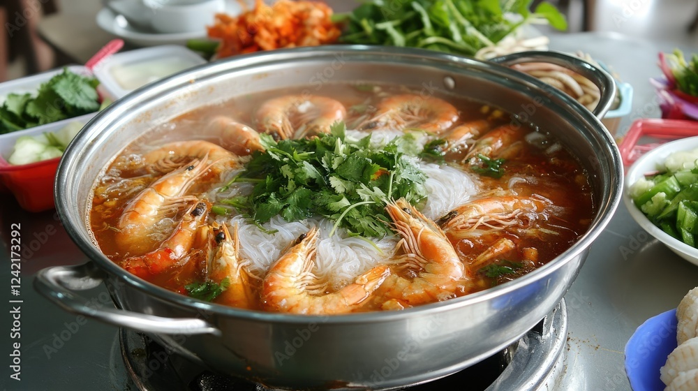 Steaming hot pot of vermicelli, prawns, and crab, garnished with herbs and garlic, surrounded by Thai-style condiments and vegetables. Steaming hot pot of vermicelli, prawns, and crab, garnished with herbs and garlic, surrounded by Thai-style condiments and vegetables.