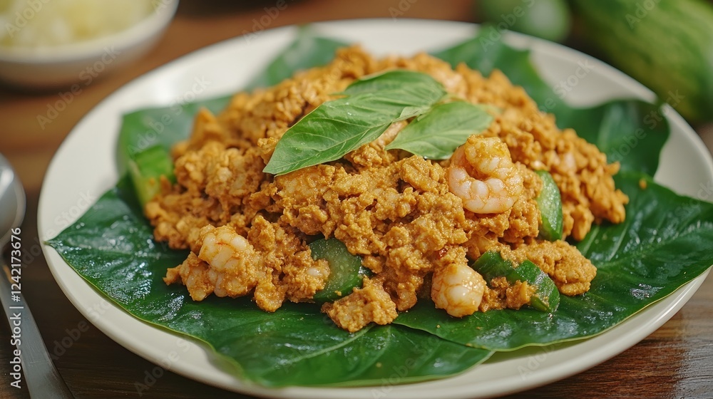 Thai shrimp paste stir-fried curry with bitter beans, fresh shrimp, and carved cucumber leaves, elegantly plated for a fusion food presentation. Thai shrimp paste stir-fried curry with bitter beans, fresh shrimp, and carved cucumber leaves, elegantly plated for a fusion food presentation.