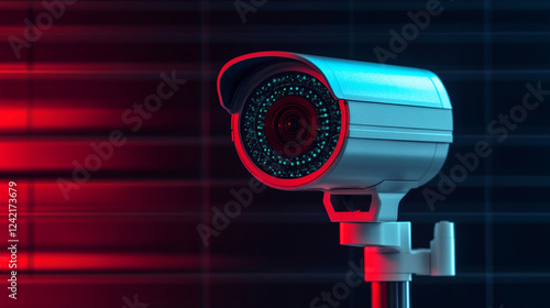 Surveillance camera with a red and blue lighting effect.
