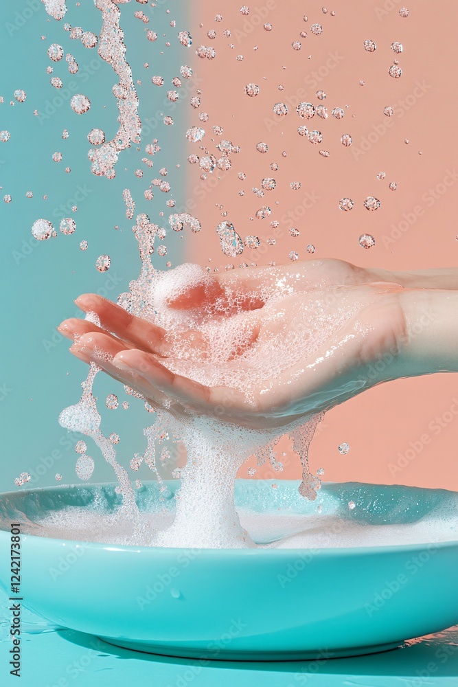 Fototapeta premium Woman creates soap suds and splashes while washing her hands against a two-toned background