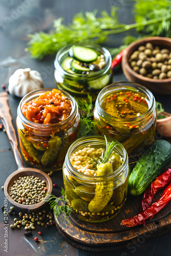 A Rustic yet Vibrant Collection of Homemade Pickles with Fresh Ingredients on Wooden Table