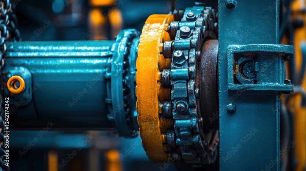 Industrial Machinery Close-Up with Chain and Gear Mechanism Industrial Machinery Close-Up with Chain and Gear Mechanism