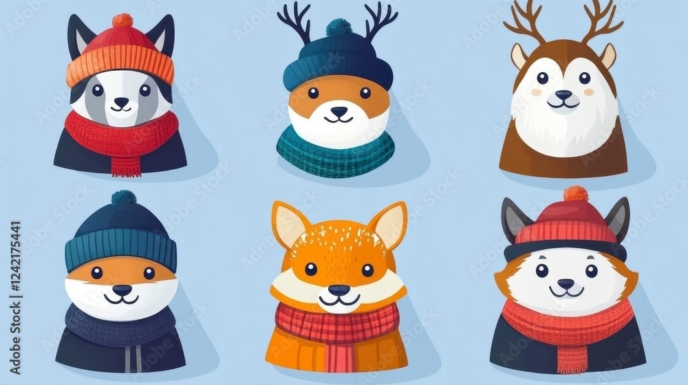 Cute Animal Illustrations with Winter Hats and Scarves for Kids Cute Animal Illustrations with Winter Hats and Scarves for Kids