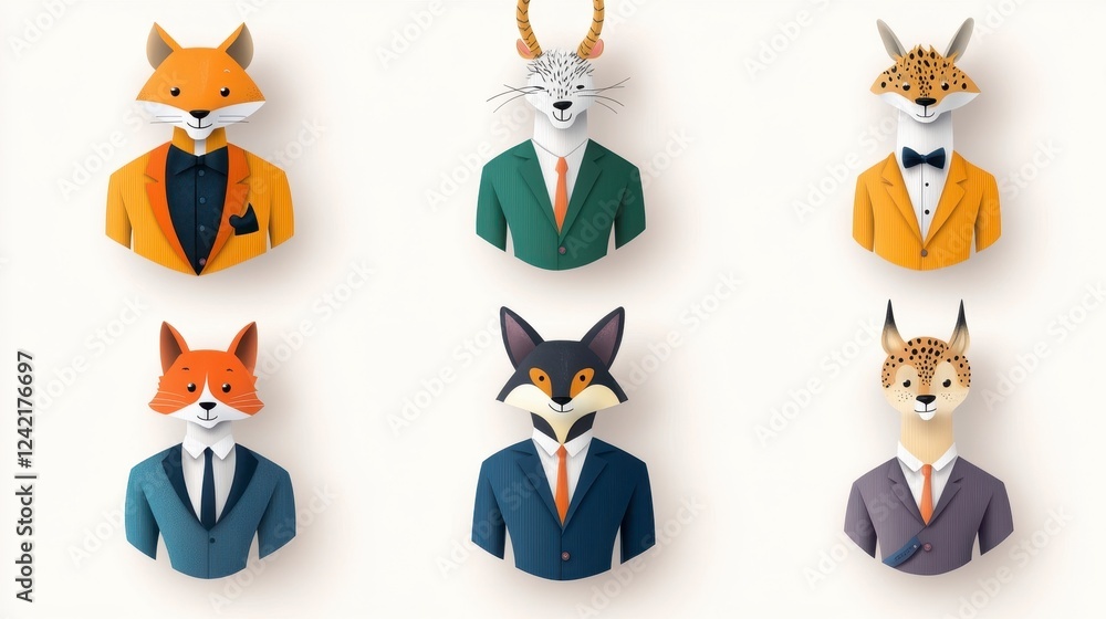 Fototapeta premium Stylish Animal Characters in Suits Displayed in a Creative Layout