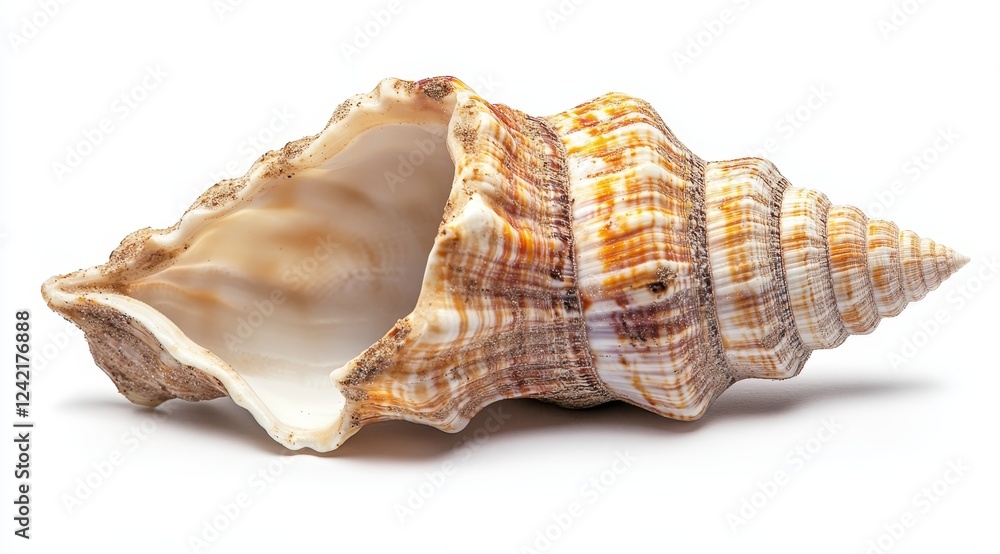 Close-up of a spiral seashell with brown and beige stripes on a white background. Close-up of a spiral seashell with brown and beige stripes on a white background.