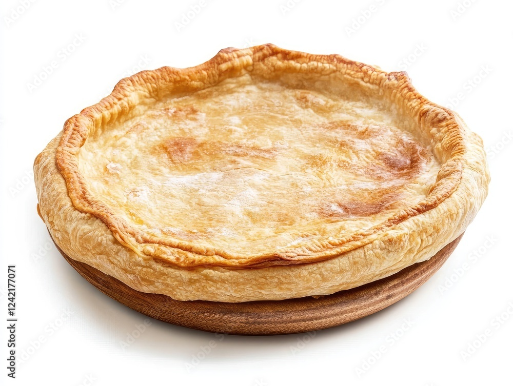 Delicious baked pie with a golden crust on wooden plate ready to be served Delicious baked pie with a golden crust on wooden plate ready to be served