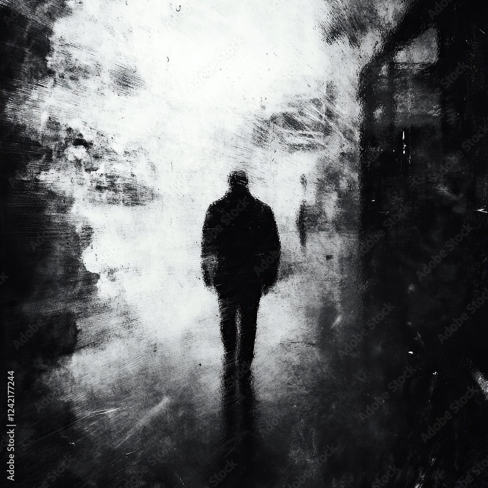 Solitary figure walking through hazy, dark alleyway. Solitary figure walking through hazy, dark alleyway.
