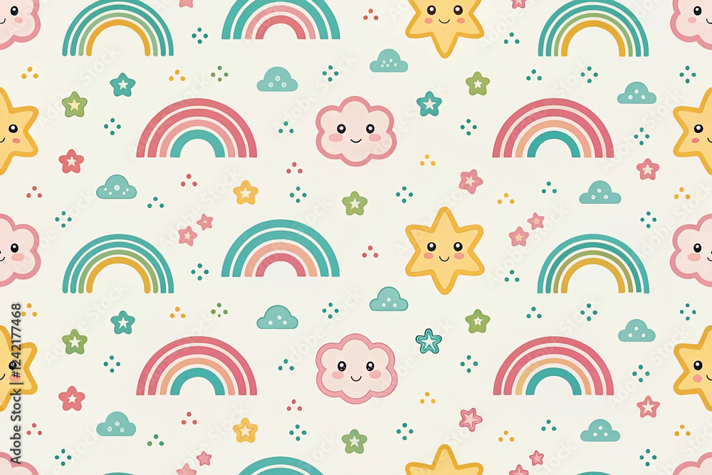 Cute rainbows, stars, clouds seamless pattern, pastel background, kids' fabric Cute rainbows, stars, clouds seamless pattern, pastel background, kids' fabric