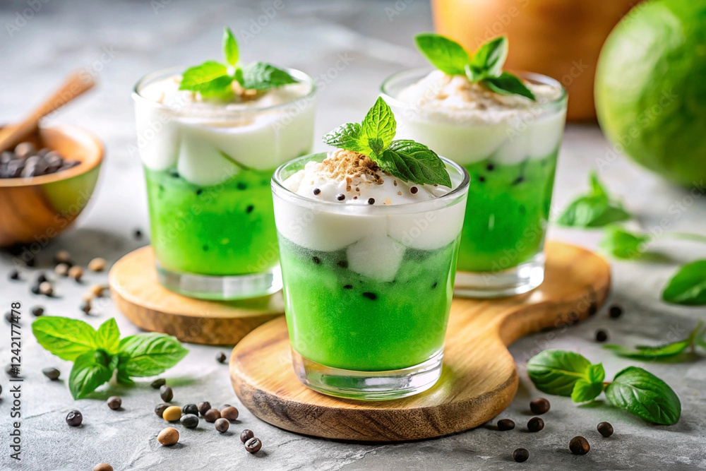 Creamy green dessert layered in glasses, mint garnish, kitchen setting, food photography Creamy green dessert layered in glasses, mint garnish, kitchen setting, food photography