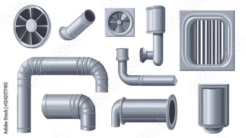 Set of vector illustrations depicting various air duct systems including vent pipes with fans chimneys and tubes designed for air conditioning cooling and cleaning isolated on a photo