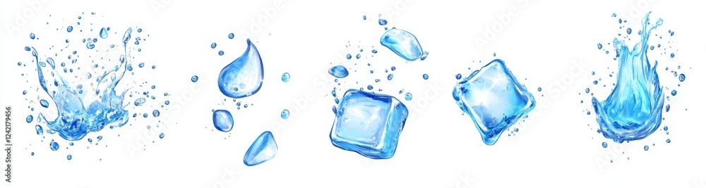 Water droplets, ice cubes, splashes; white background; beverage ads