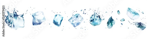 Melting ice cubes mid-air, white background, splash effect, drink ads