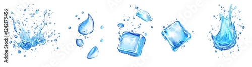 Obraz na płótnie Water droplets, ice cubes, splashes; white background; beverage ads w salonie