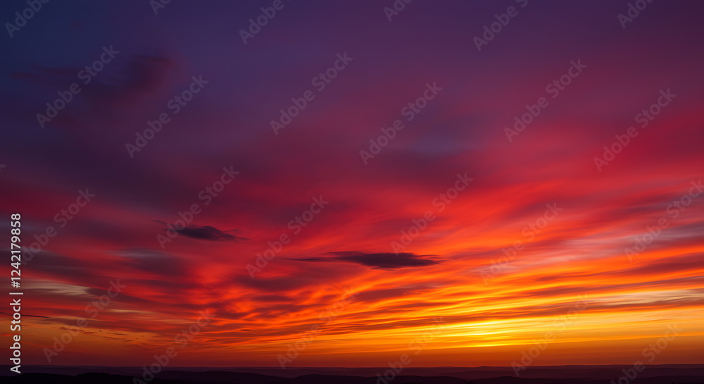 Obraz premium Vivid twilight sky transitioning from deep purple to fiery red with scattered cloud streaks