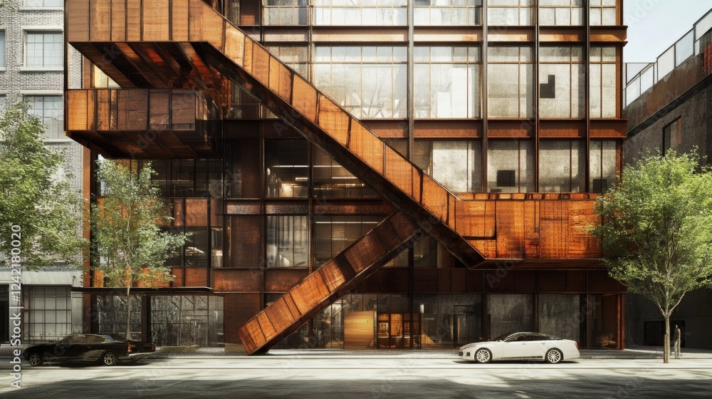 Modern Architectural Marvel Rust-Colored Steel Building with Exterior Staircase Modern Architectural Marvel Rust-Colored Steel Building with Exterior Staircase